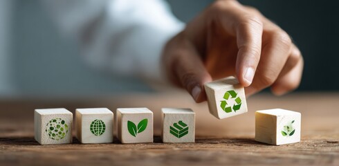 Hand placing a wooden block with a recycle symbol among other blocks with various green environmental icons