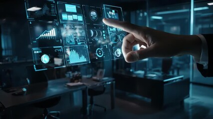 User Interacting with Futuristic Holographic Interface (HUD). This clip is ideal for concepts of future technology, business analytics, virtual reality, and augmented reality. - Powered by Adobe
