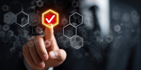 A hand touches a glowing checkmark icon on a digital interface overlayed with a hexagon pattern
