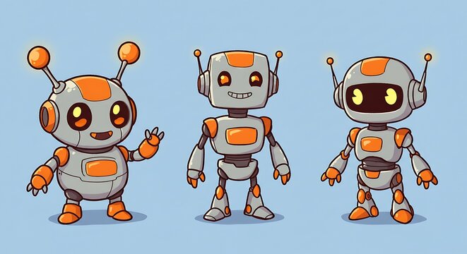 Cartoon robots in various poses on a light blue background vector illustration