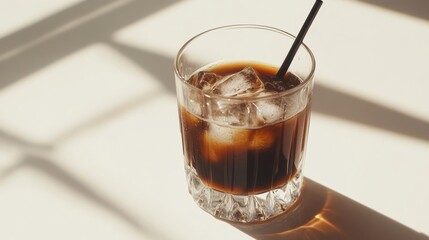 Refreshing Glass of Iced Coffee with Ice Cubes and a Straw on a Bright Surface with Intriguing Shadow Patterns