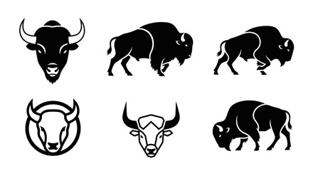Collection of six different black and white bison and bull illustrations, perfect for logos.