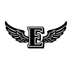 Black and white image of the letter E with wings, a logo design.