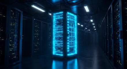 Modern data center server rack illuminated with neon lights