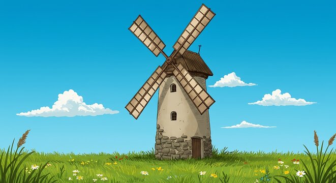 Cartoon windmill on a green meadow under a blue sky with fluffy clouds