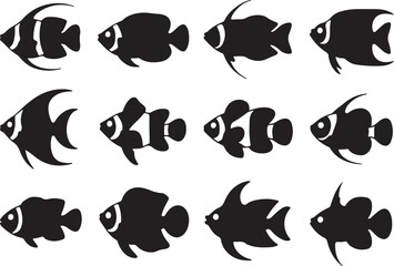 Fish, Angelfish, Clownfish, Goldfish silhouette vector