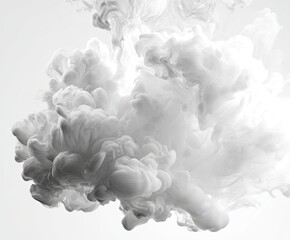 Abstract monochrome ink cloud.  Soft, light gray ink diffuses and swirls in a  cloudy, voluminous form against a light background