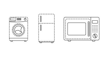 Vector line art illustration of washing machine refrigerator and microwave appliance for kitchen home use
