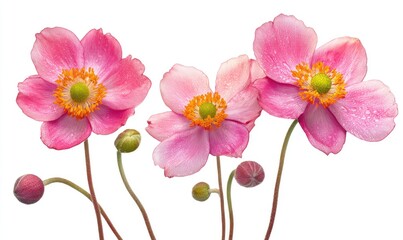 Three delicate pink anemones, with water droplets, and buds, arranged in a horizontal row against a pure white background