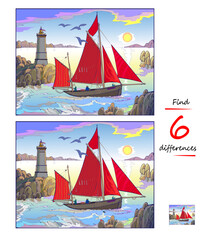 Find 6 differences. Logic puzzle game for children and adults. Drawing of a seascape with a Celtic sailboat in Douarnenez bay. Page for kids brain teaser book. Hand drawn vector Illustration.