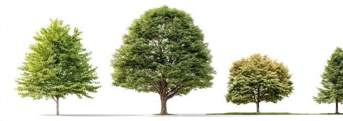 Four trees of varying sizes and shades of green, isolated on white background