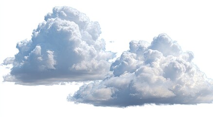 Two fluffy cumulus clouds against a white background.  Light-grey, puffy, voluminous clouds with soft, detailed texture.  Clearly separated from the background