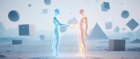 Digital Avatars Shaking Hands in a Virtual Metaverse World. This video symbolizes online communication, virtual business meetings, digital agreements, and social networking in the future. - Powered by Adobe