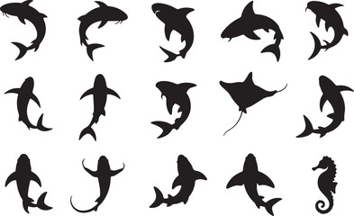Koi, Shark, Stingray, Seahorse silhouette vector