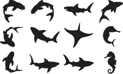 Koi, Shark, Stingray, Seahorse silhouette vector