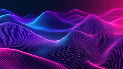 Vibrant Abstract Digital Landscape with Flowing Waves and Dots in Purple and Blue Shades for Futuristic and Technological Backgrounds and Designs