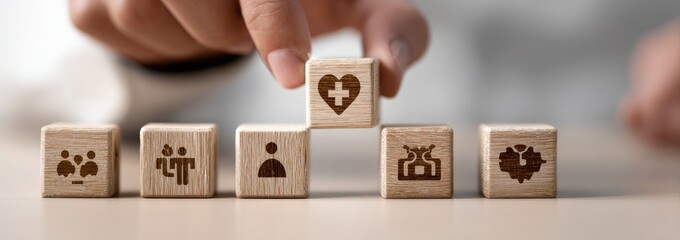 A hand places a wooden block with a heart and cross symbol on top of a stack of blocks with various icons