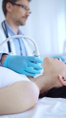 Doctor man wearing blue protective gloves is using ultrasound machine to examine neck of female...