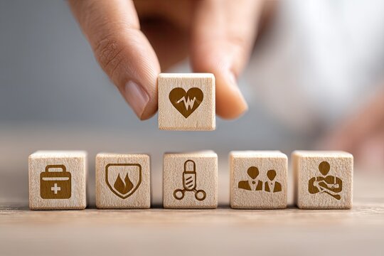 Hand placing wooden block with heart icon over other blocks with healthcare symbols