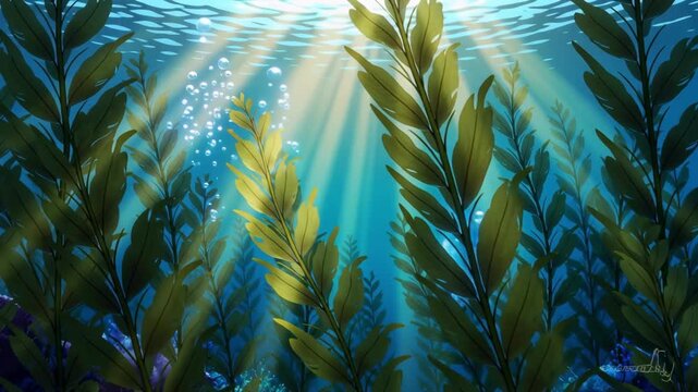 Serene Underwater Kelp Forest Glowing with Sunlight