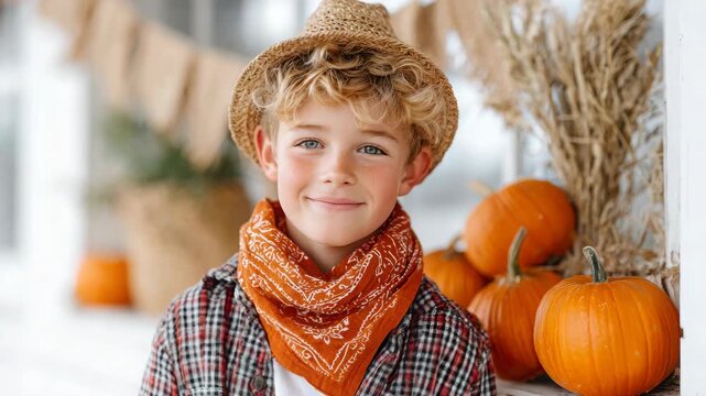 Young boy smiling in a hat with pumpkins and autumn decor