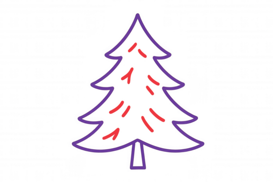 Purple outline simple christmas tree with red dashes decoration, festive holiday season graphic element