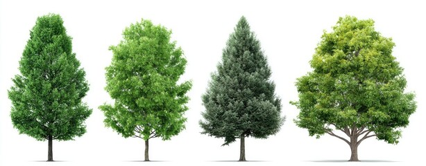 Four different trees against a white background.  Various shades of green foliage.  Symmetrical arrangement.  Isolated