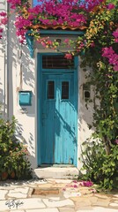 Vibrant illustration of a sun-drenched, charming blue door framed by bougainvillea and lush greenery, set against a whitewashed building.