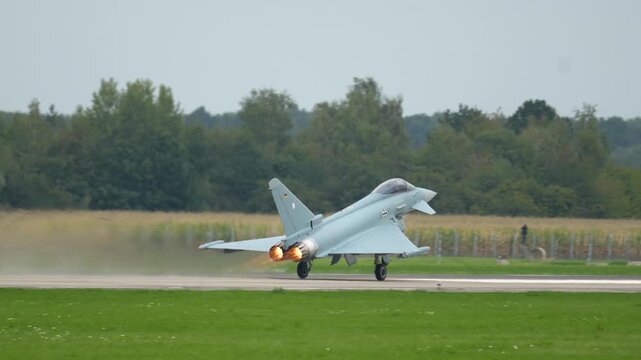 Eurofighter Typhoon takes off during a clear day, showcasing impressive power