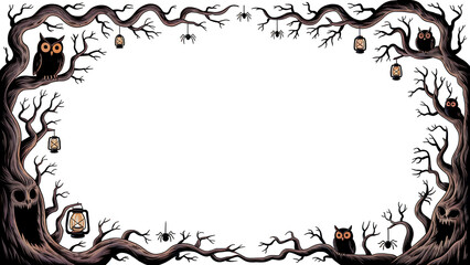 Halloween border illustration with owls, spiders, and lanterns