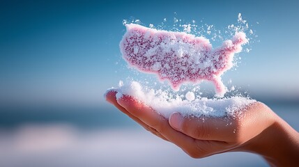A hand holds pink snow shaped like the United States against a blue sky.