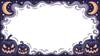 Halloween night sky border with pumpkins stars moon spooky dark frame