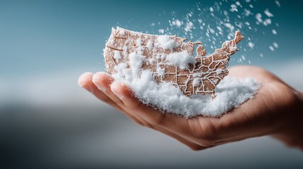 Hand holding a carved wooden map of the USA surrounded by snow.