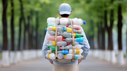 Man carrying recyclable plastic bottles on his back in a park.