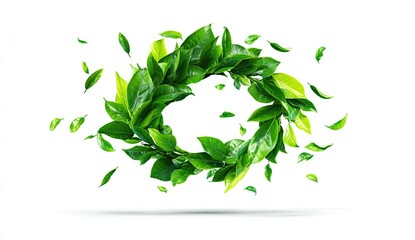 Fresh green tea leaves form a circular wreath, with loose leaves swirling around it on a white background