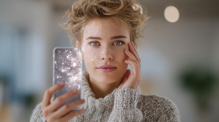 Young Caucasian woman using smartphone with glowing effects.