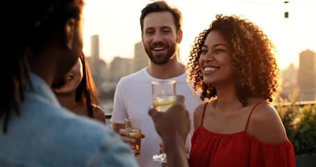 Diverse Friends Cheering at Rooftop Party - Powered by Adobe