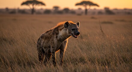 Hyena standing in grassy field at sunset with silhouetted trees