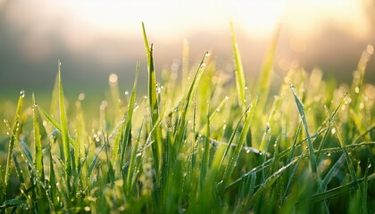Fototapeta premium Fresh Grass With Dew Drops Close Up