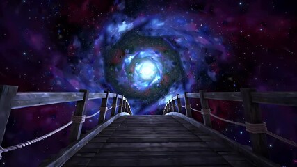 A weathered wooden bridge extending over the void toward a swirling purple and blue cosmic vortex - Powered by Adobe