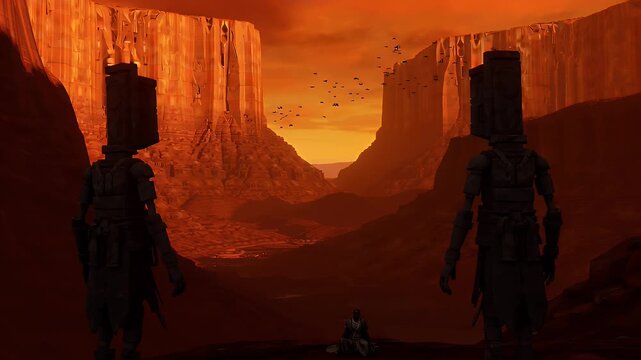 A lone cloaked figure sits between two imposing, block-headed giants in a dramatic, orange-hued valley.
