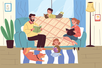Family reads books. Parents kids read book sitting on sofa home living room interior, leisure time mother father children reading together education, classy vector illustration
