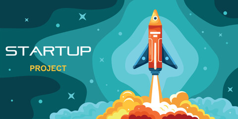 Rocketship startup. Cartoon rocket start up concept, spaceship launch to space sky, business project background spacecraft booster take off with smoke, kicky vector illustration