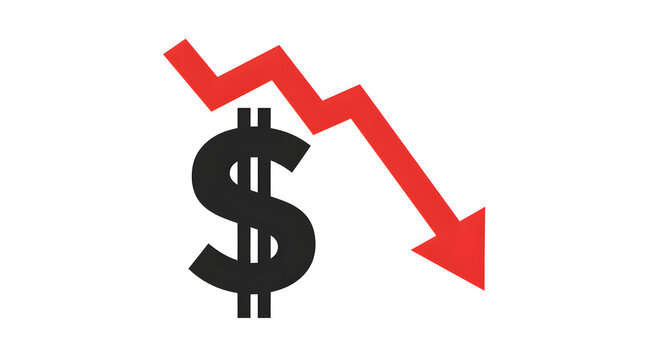 A black dollar sign with a downward-pointing red arrow indicating a financial loss or economic downturn.