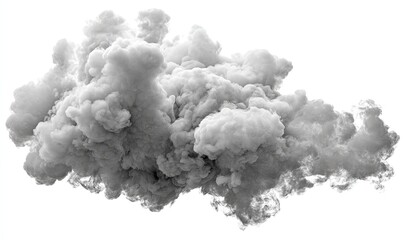 A large, gray, fluffy cloud of smoke or vapor against a pure white background.  It has a chaotic, billowing texture, with varied shades of gray, suggesting density and depth