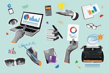 Fotobehang Pop Art Office halftone collage. Business strategy development work time element, computer laptop typewriter graph document vintage paper pop art cutout sticker, exact vector illustration  © ssstocker