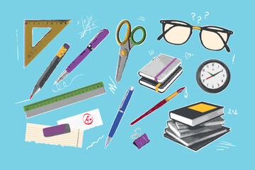 Stationery halftone collage. School supplies, college university study element, pen glasses pencil scissors ruler education marketing vintage stickers exact vector illustration