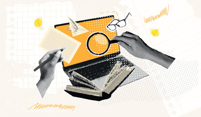 Laptop study collage. Online school education, book ebook webinar exam training university student computer course homework read computer knowledge retro exact vector illustration