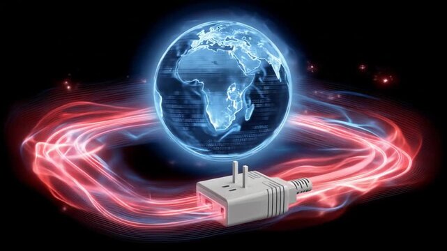 Digital globe with electric plug surrounded by glowing energy