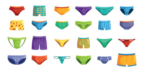 Mens underwear. Men underpants, male panties boxer fashion pants casual briefs shorts swimwear underware boys lingerie swimming kids trunks, cartoon set kicky vector illustration